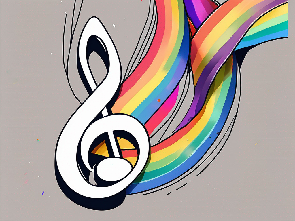 A colorful music note intertwined with a rainbow ribbon