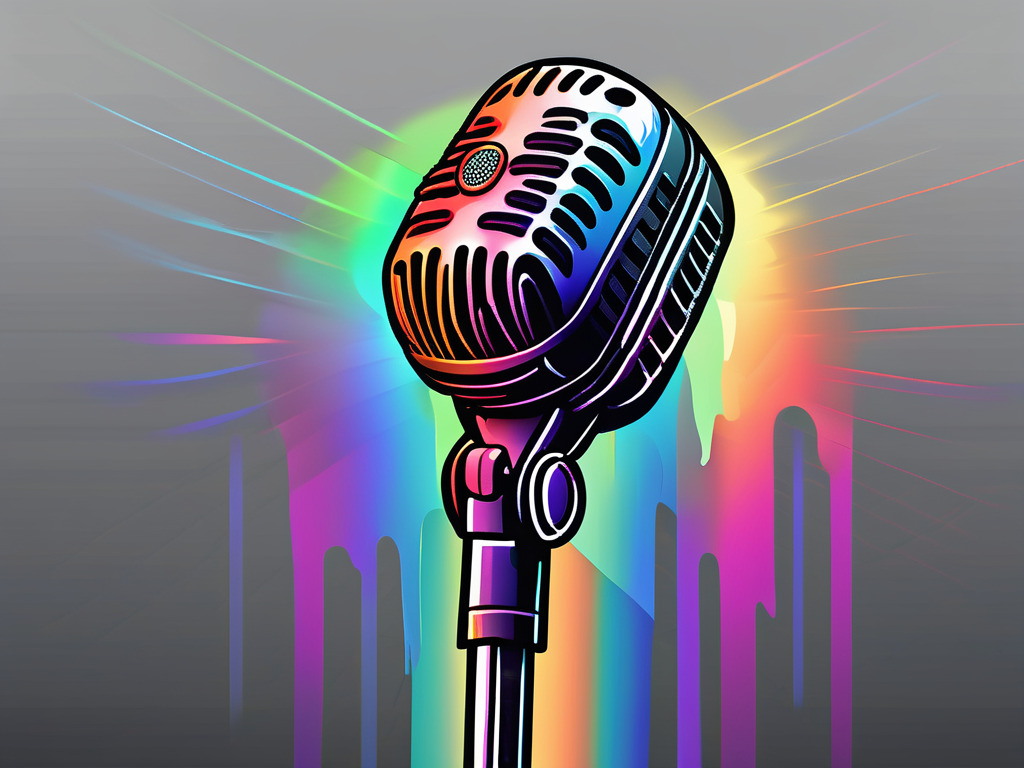 A rainbow-colored stage microphone on a stand