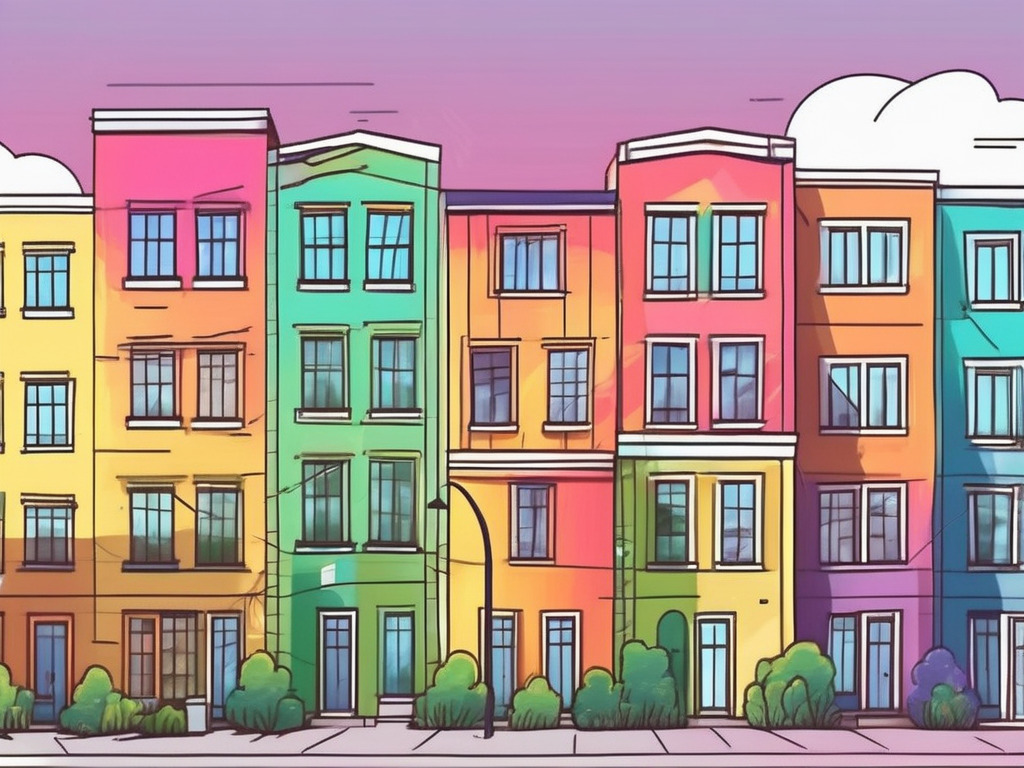 A vibrant cityscape with rainbow-colored buildings